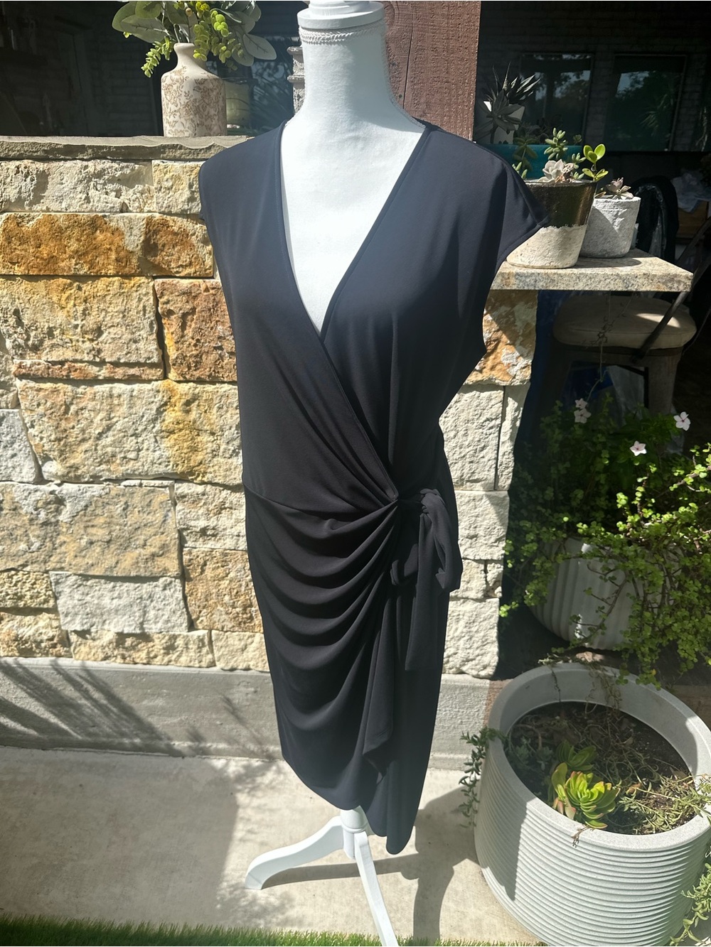 Lark & Ro Black Draped Midi Wrap Dress with Side Tie
